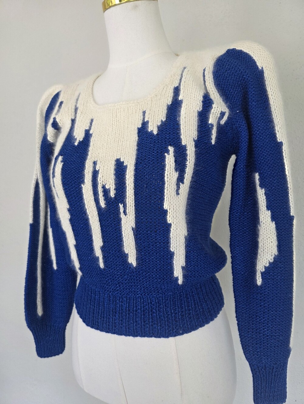 Vintage 80s Cobalt Blue Ivory Abstract Angora Knit Puff Sleeve Statement Sweater